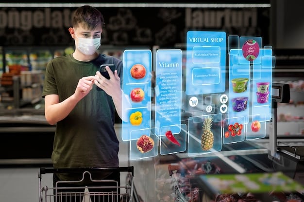 A visual representation of AI algorithms analyzing grocery purchase data. The visual includes data points, charts, and AI icons, illustrating the process of personalized coupon generation.