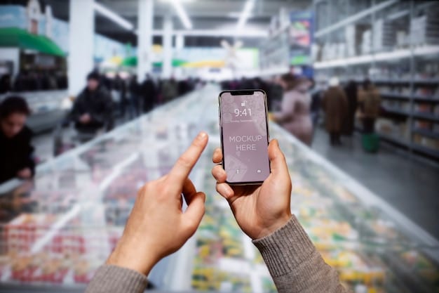 A person holding a smartphone displaying a digital coupon for a grocery item, with a blurred supermarket shelf in the background, highlighting the convenience of digital couponing.
