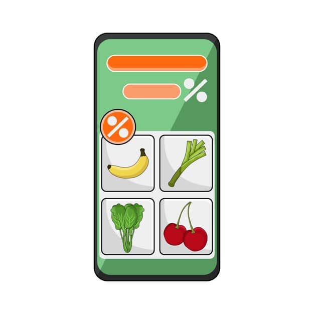 A smartphone displaying a cashback app interface with various grocery items and their corresponding cashback offers, illustrating the convenience of digital couponing.