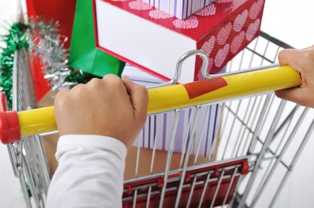 A close-up shot of a shopping cart filled with groceries, with various coupons attached to the items, highlighting the practice of combining multiple discounts.