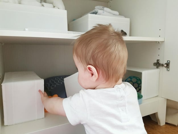 A baby happily playing with a toy next to a shelf stocked with diapers and baby wipes, emphasizing the affordability of raising a child through effective couponing.