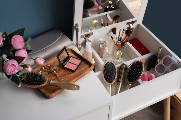 A split-screen image. On one side, an overflowing, disorganized makeup drawer filled with various beauty products. On the other side, a neatly organized collection of skincare items with visible coupons or discount codes placed beside each product.