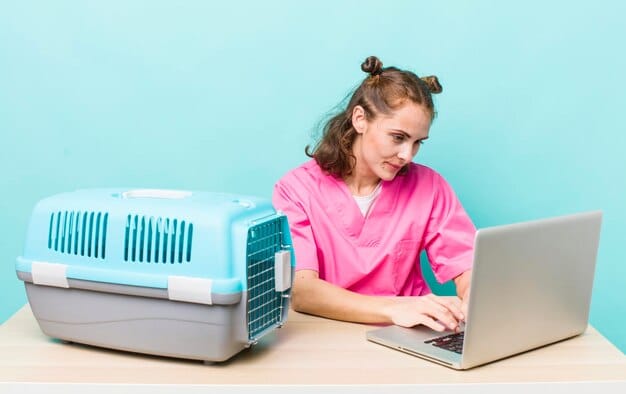 A person sitting at a computer, visibly pleased, with a cart full of pet supplies on the screen. The background includes various pets happily interacting with toys and food bowls, conveying successful couponing.