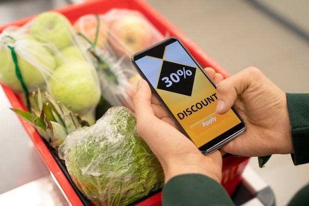 A close up shot of a smartphone screen displaying a grocery price comparison app. The screen shows several grocery items with prices from different stores listed side by side. An interface that is simple to use and interpret.