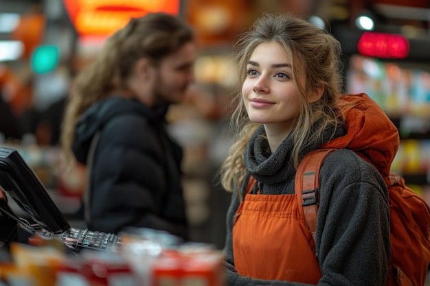 An image of a customer successfully price matching at a store, showing the cashier adjusting the price to match a competitor's advertised price, with a smiling customer in the background.