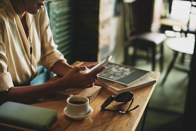 A person using a budgeting app on their smartphone while sitting at a coffee shop, surrounded by shopping bags and receipts. The app displays visualizations of spending habits and savings goals.