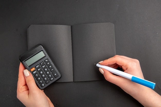 A close-up of a hand using a calculator, with a notebook and pen nearby, suggesting the calculation of a budget. The focus is on the act of planning and setting financial limits.