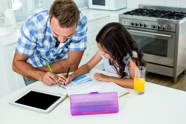 A parent reviewing a school supply list with their child, pointing at different items and making notes on a tablet.