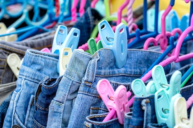A clothing rack filled with children's clothing items, including t-shirts, jeans, and jackets. Tags indicate discounted prices, advertising back-to-school sales.
