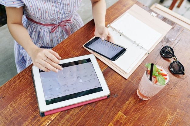 A person using a budgeting app on their tablet, showcasing categories like Gifts, Travel, Food, and Decorations with allocated amounts.