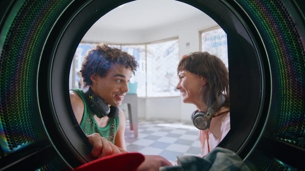 A split image showcasing two scenarios: on the left, a new energy-efficient washing machine in a laundry room; on the right, a family enjoying a movie night with a brand-new, large-screen television. Both scenarios highlight purchases made possible by tax season sales.