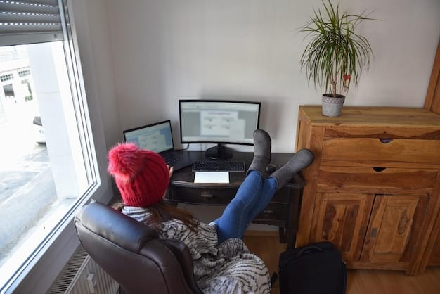 A person working from home on a new laptop, with a second monitor and ergonomic accessories. The scene is well-lit and organized, emphasizing productivity and comfort; new laptop bought with tax refund sales.