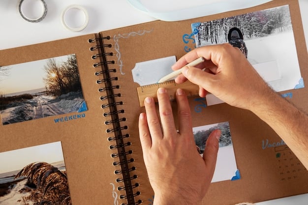 A close-up shot of hands crafting a personalized photo album. Photos are being carefully placed and decorated with colorful stickers and handwritten captions. The background features crafting supplies like scissors, glue, and decorative paper.