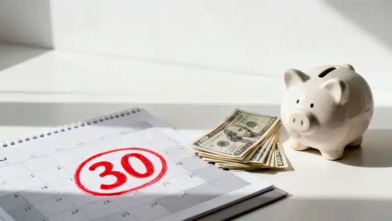 Calendar marking 30 days with money and piggy bank, symbolizing The 30-Day No-Spend Challenge: Reclaiming $150 from Unnecessary Purchases.