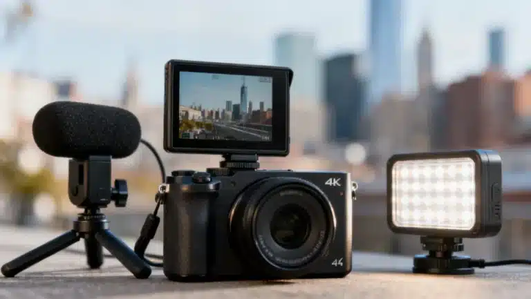 Modern digital camera for 4K vlogging with accessories