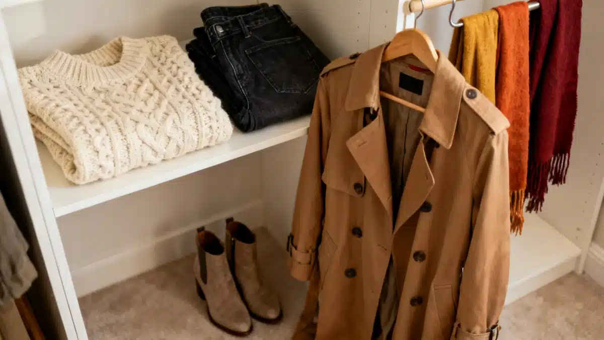Organized wardrobe with affordable fall fashion pieces for a quick style update