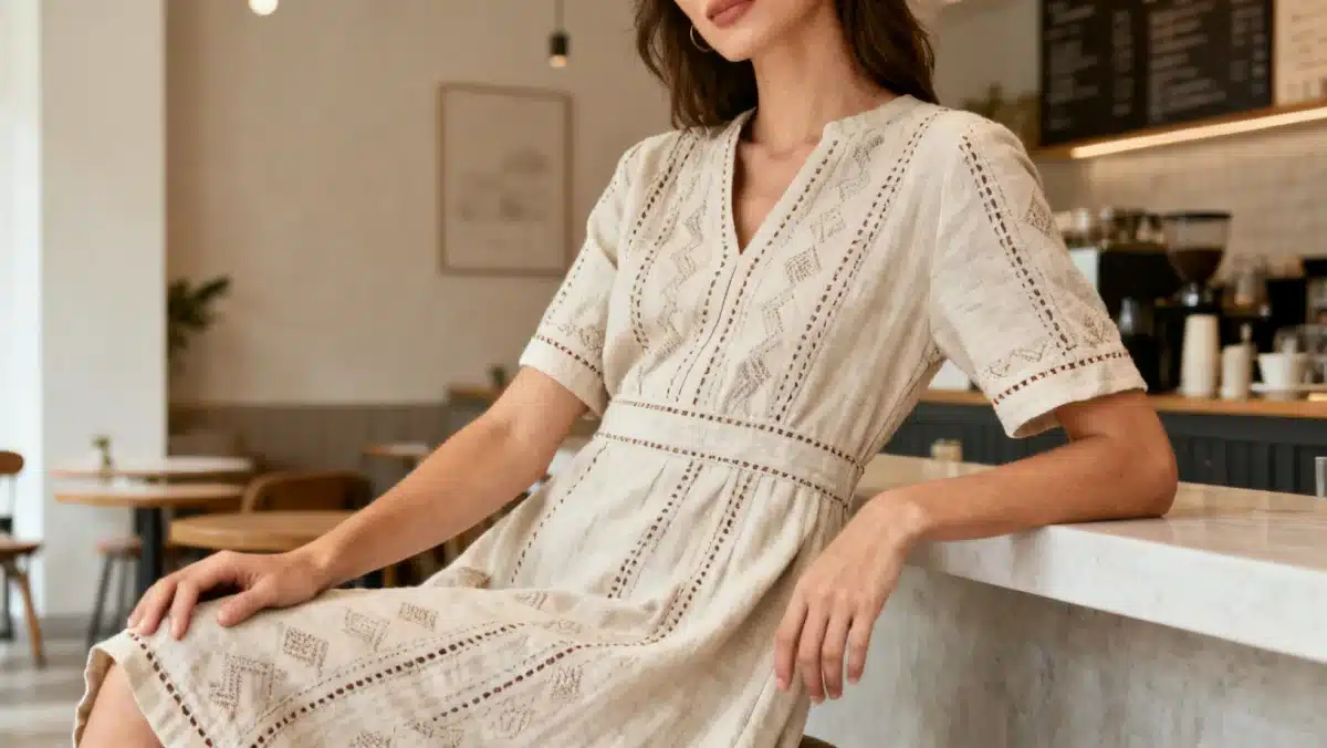 Woman in an affordable midi dress, highlighting versatile fashion