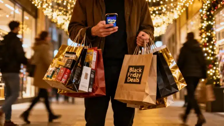 The Ultimate Guide to Black Friday Prep: Shopper with bags and phone