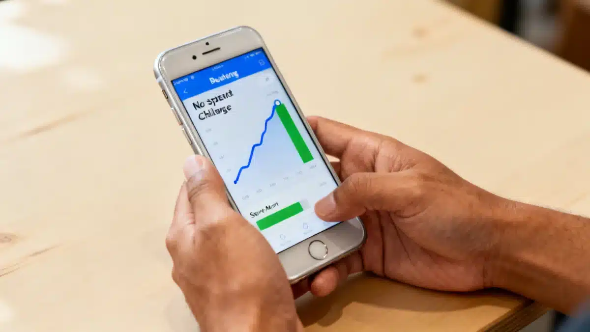 Budgeting app on smartphone tracking progress during The 30-Day No-Spend Challenge: Reclaiming 0 from Unnecessary Purchases.