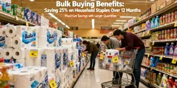 Shoppers navigating a well-stocked aisle filled with bulk household staples, illustrating the concept of Bulk Buying Benefits.