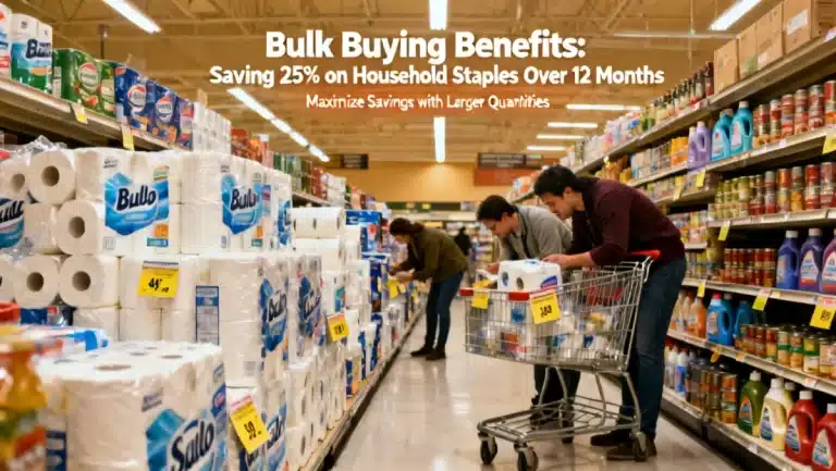 Shoppers navigating a well-stocked aisle filled with bulk household staples, illustrating the concept of Bulk Buying Benefits.