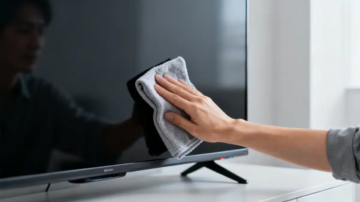 Person gently cleaning smart TV screen with microfiber cloth, emphasizing careful maintenance