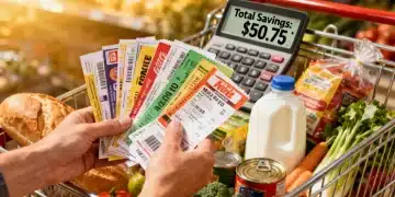Hands stacking coupons over a grocery cart, symbolizing Coupon Stacking Secrets: Maximizing Savings by 25% on Everyday Essentials.