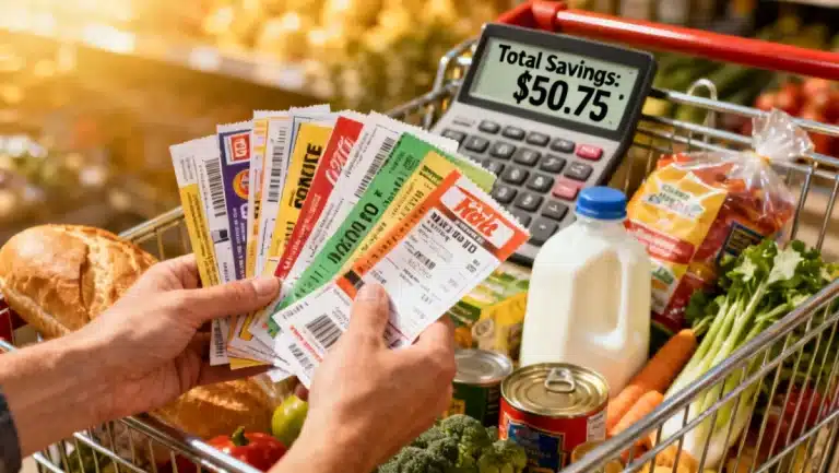 Hands stacking coupons over a grocery cart, symbolizing Coupon Stacking Secrets: Maximizing Savings by 25% on Everyday Essentials.