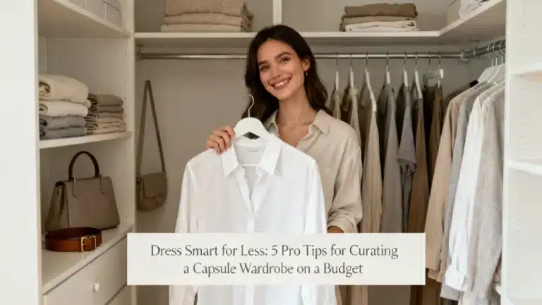 Woman curating a capsule wardrobe on a budget, selecting versatile clothing items for smart style.