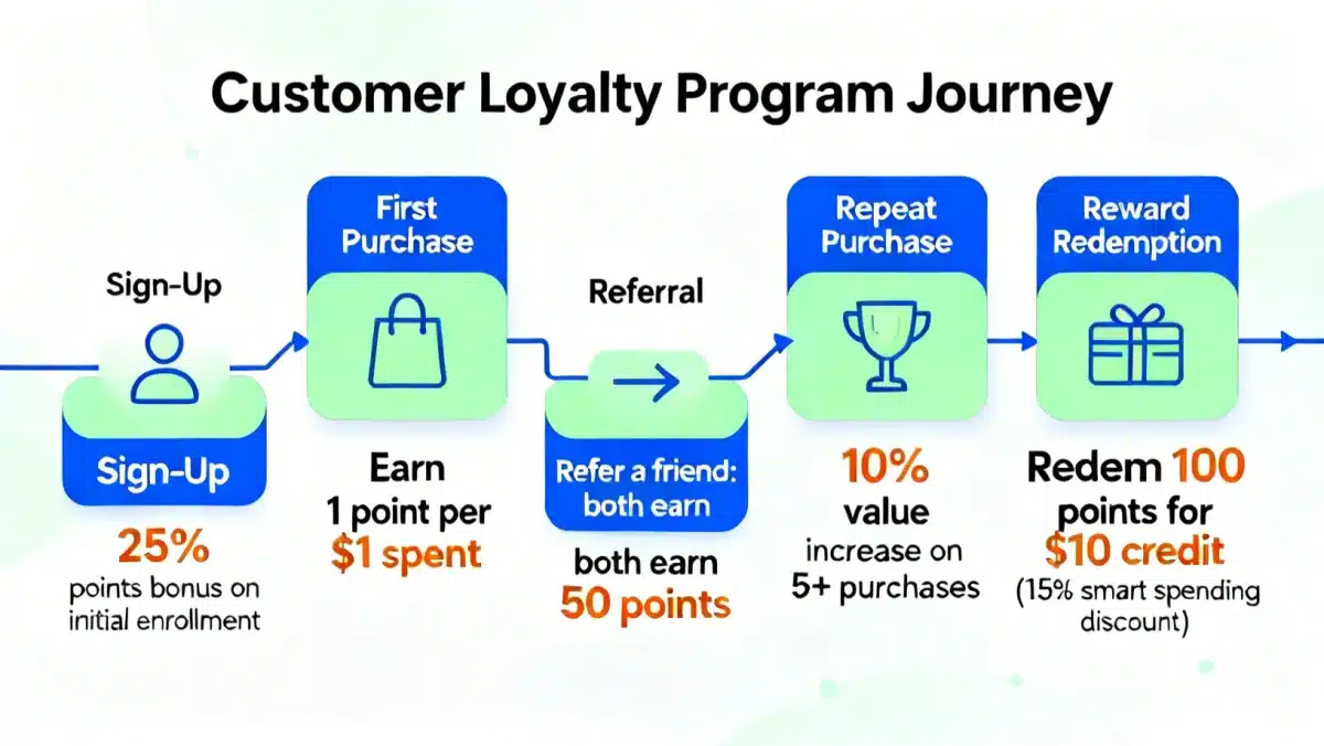 Infographic illustrating customer journey in loyalty program, focusing on earning and redeeming points for value.