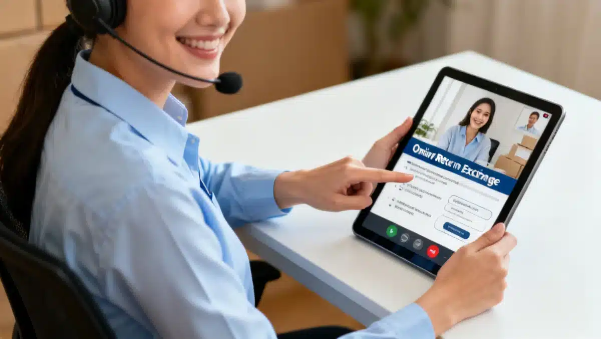 Customer service representative assisting with an online return, highlighting clear communication