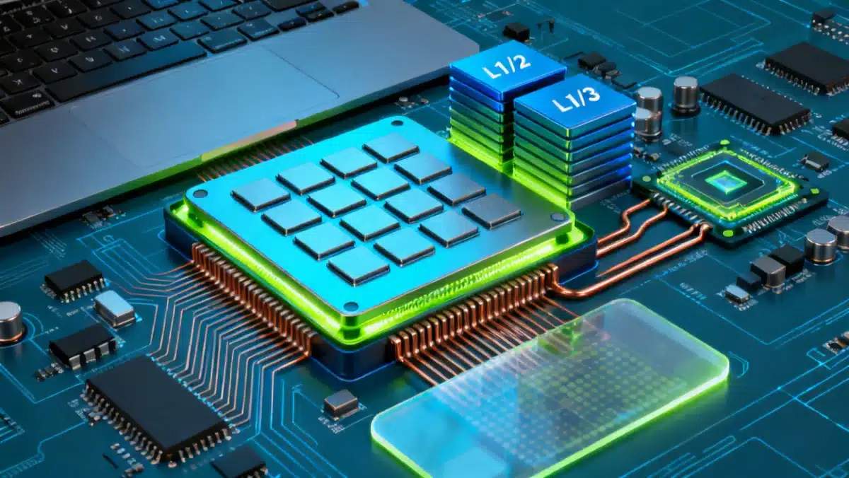 Schematic rendering of a cutting-edge laptop processor, showcasing internal architecture and performance.