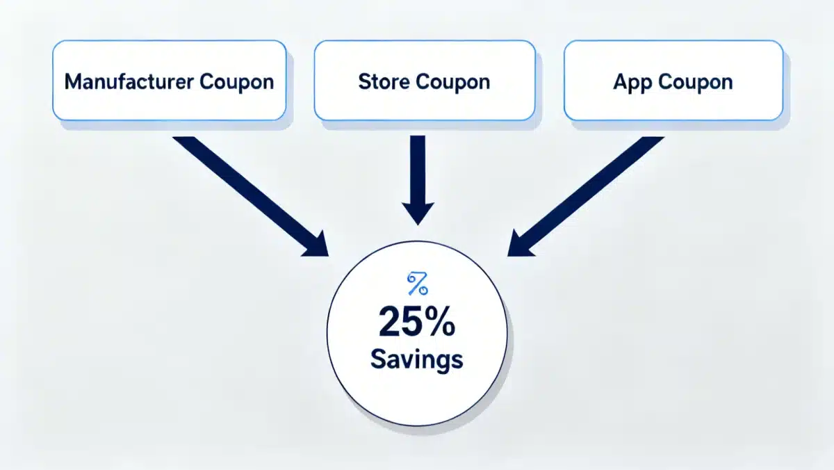 Flowchart depicting digital and physical coupon stacking strategies for maximizing savings.