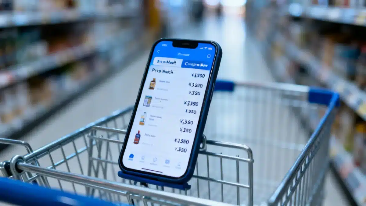 Smartphone displaying a price comparison app, central to mastering price matching strategies.