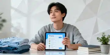 Thoughtful person reviewing a digital shopping wishlist on a tablet, symbolizing planned purchases and smart spending.