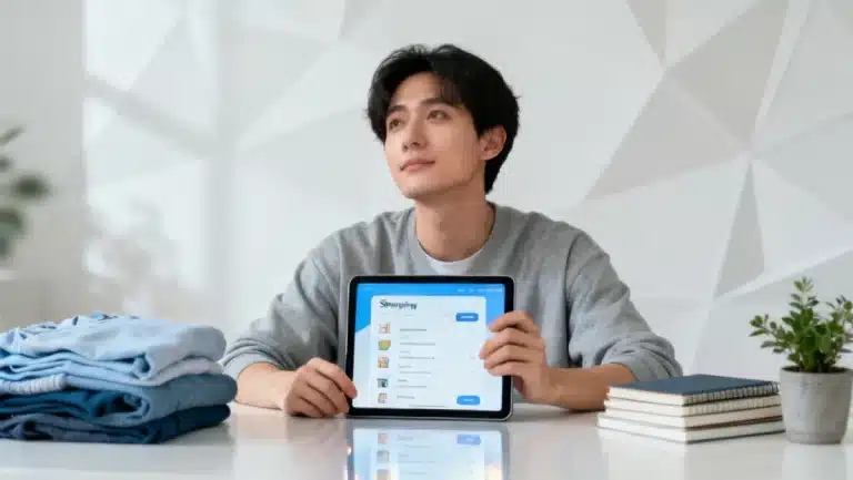 Thoughtful person reviewing a digital shopping wishlist on a tablet, symbolizing planned purchases and smart spending.