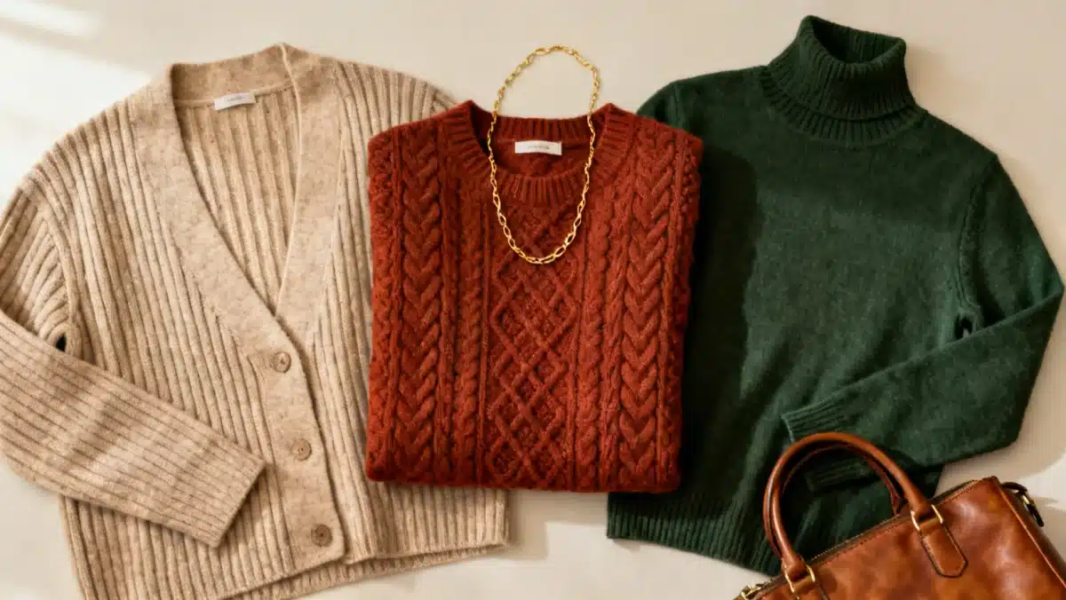 Flat lay of diverse affordable knitwear textures and colors for a versatile autumn wardrobe.