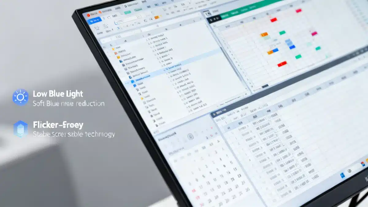 Monitor screen showcasing eye-care technology and productivity applications for remote workers.
