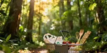 Lush green forest with eco-friendly shopping basket for green consumer guide