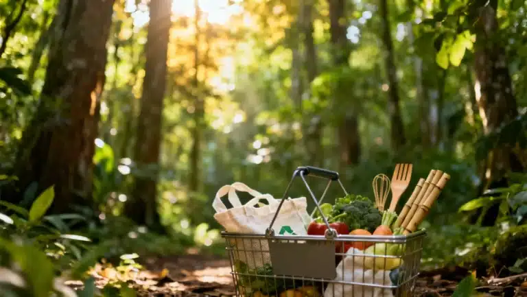 Lush green forest with eco-friendly shopping basket for green consumer guide