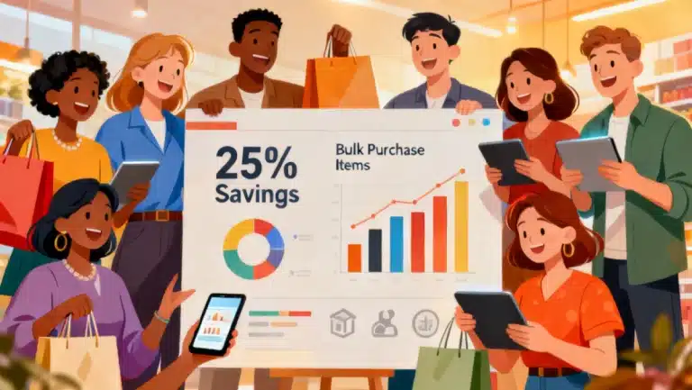 Group of shoppers benefiting from the power of group buying and bulk purchase savings