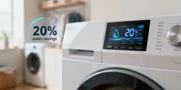 Modern high-efficiency washing machine with digital display highlighting water savings.