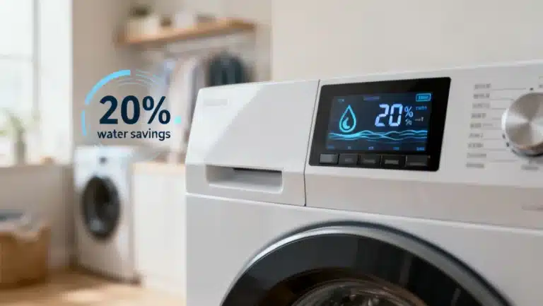 Modern high-efficiency washing machine with digital display highlighting water savings.