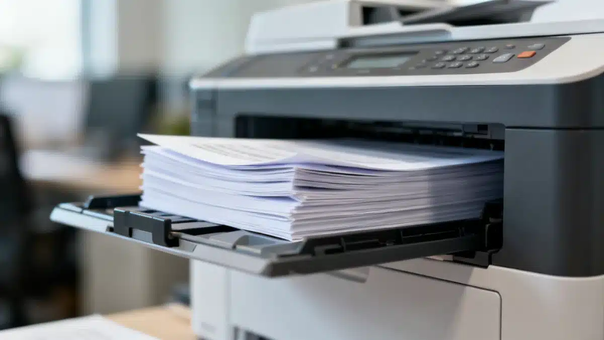 High-speed printer output tray with stack of crisp documents