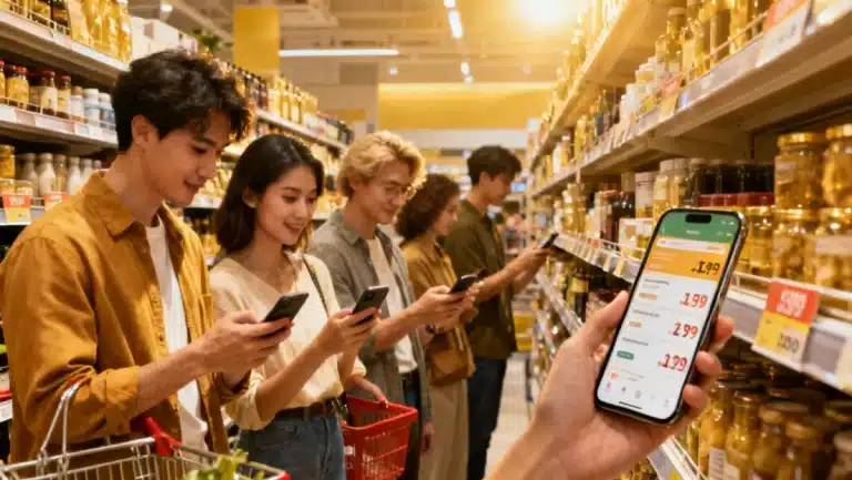 Shoppers actively comparing prices, embodying the concept of mastering price matching for savings.