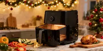 Modern air fryer in a festive kitchen, ready for holiday cooking preparation