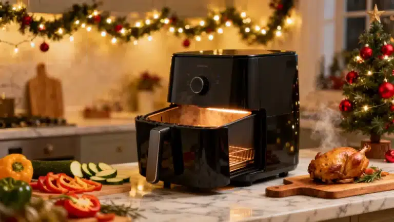 Modern air fryer in a festive kitchen, ready for holiday cooking preparation