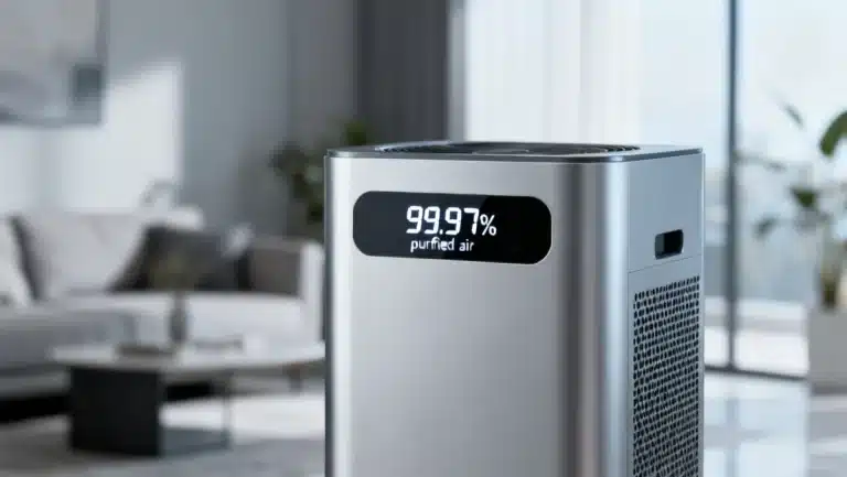 Modern air purifier with digital display showing 99.97% particle capture