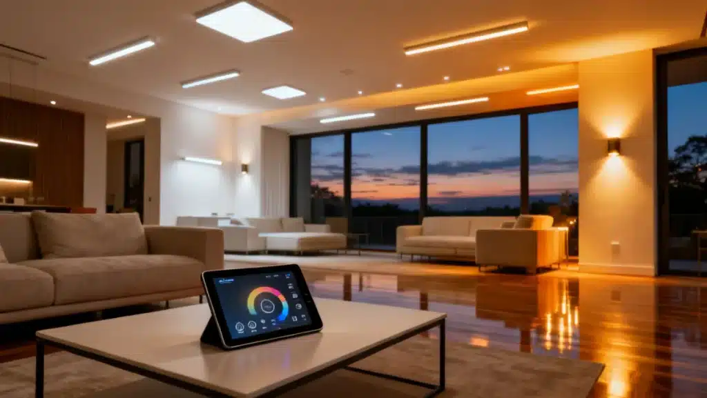 Modern living space with smart lighting systems for energy reduction