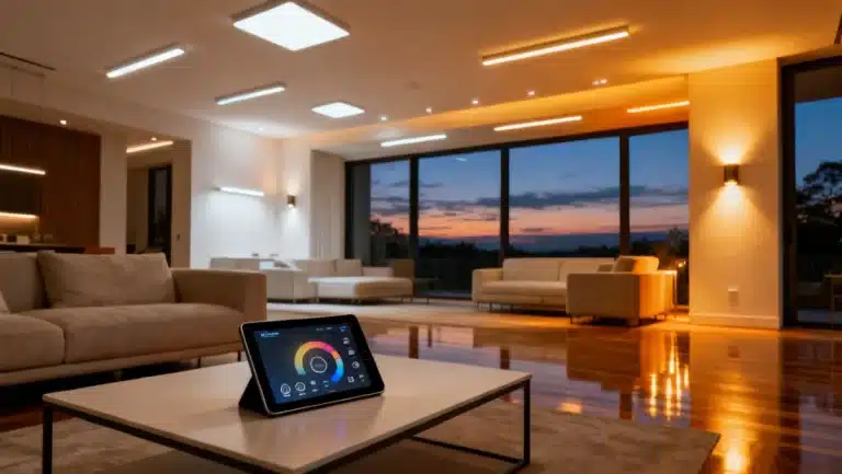 Modern living space with smart lighting systems for energy reduction